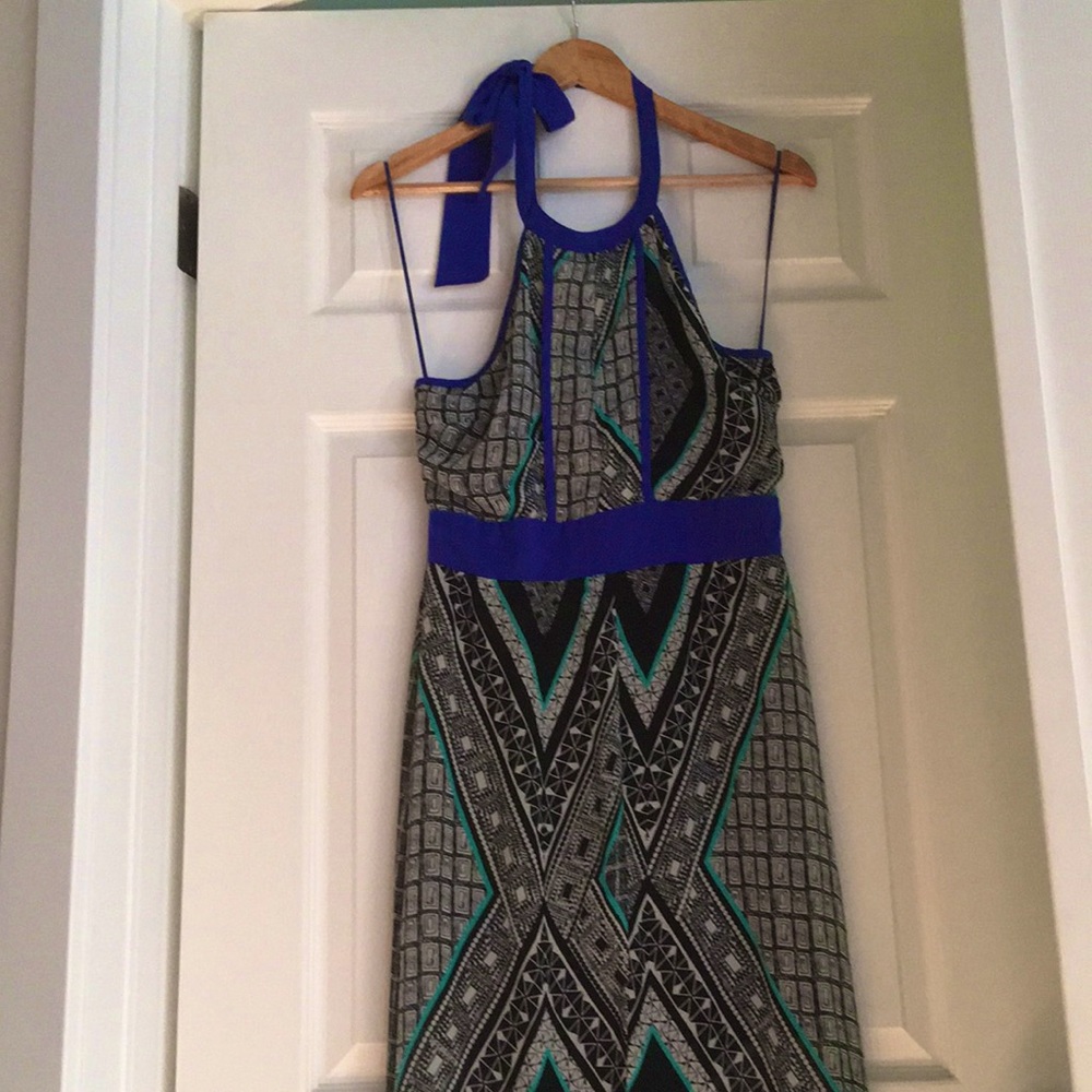 Jealous Tomato Halter Maxi Dress in Black, White & Teal with Royal Blue Trim